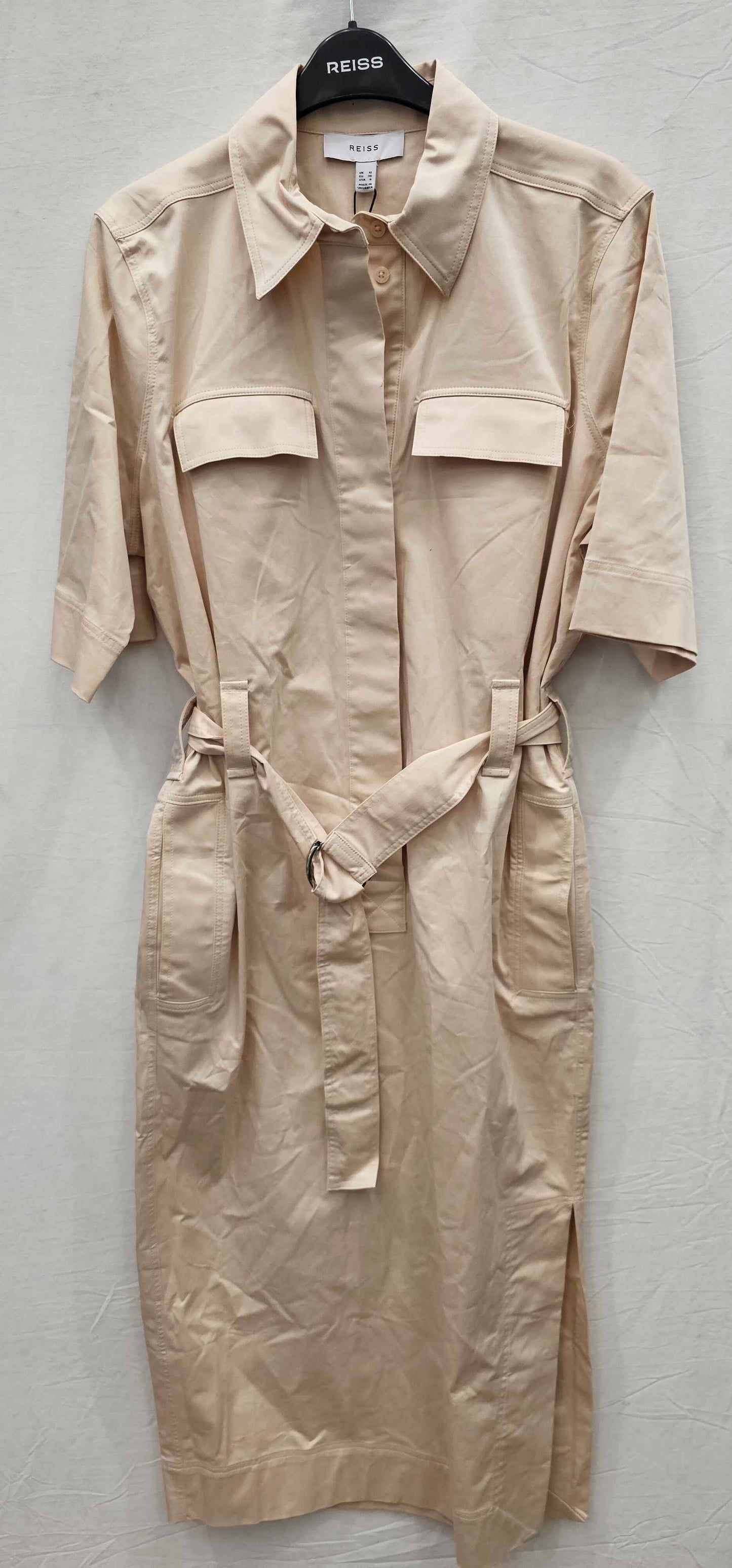Reiss - Stone Cotton Blend Utility Belted Midi Dress - Beige Size: Uk10
