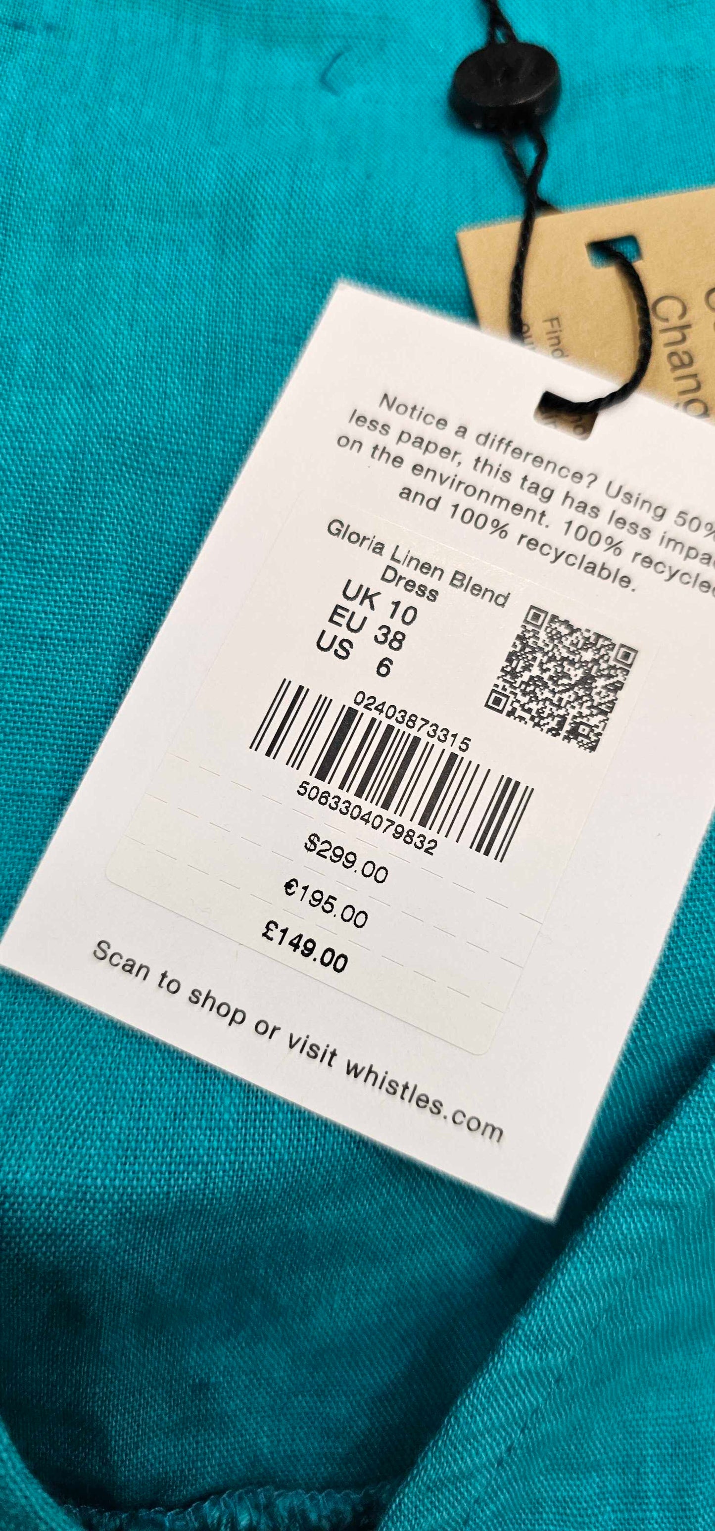 Whistles Turquoise Gloria Linen Blend Dress Size: Uk10