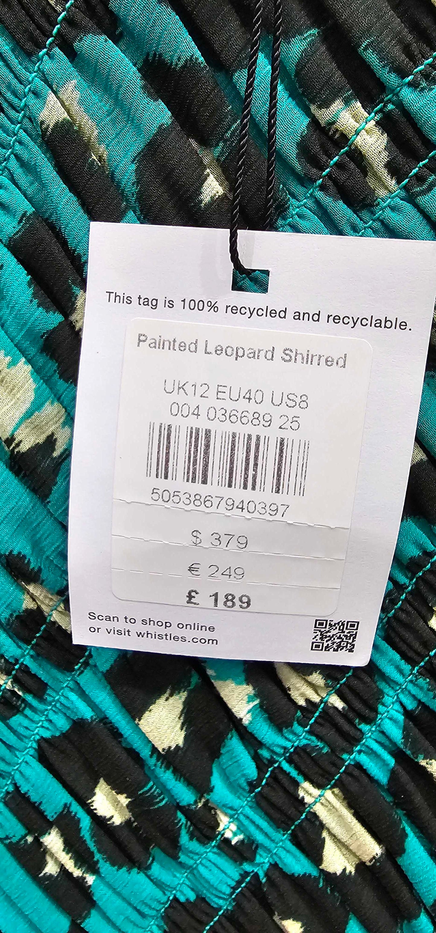 Whistles - Green Painted Leopard Shirred Dress - Multi Size: Uk12