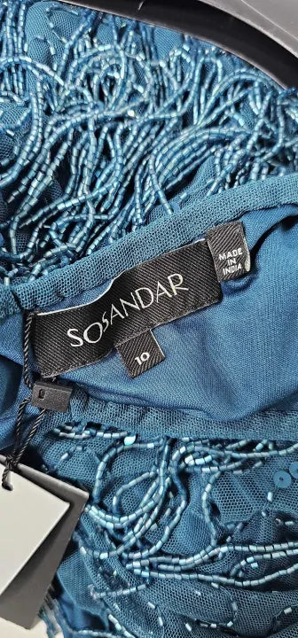 Sosandar - Teal Premium Embellished Fringe Tassel Shift Dress - Blue Size: Uk10