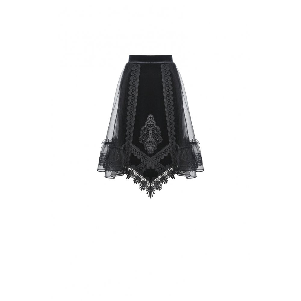 Dark in Love Melisandre Embroidered Velvet Mesh Goth Skirt in Black
