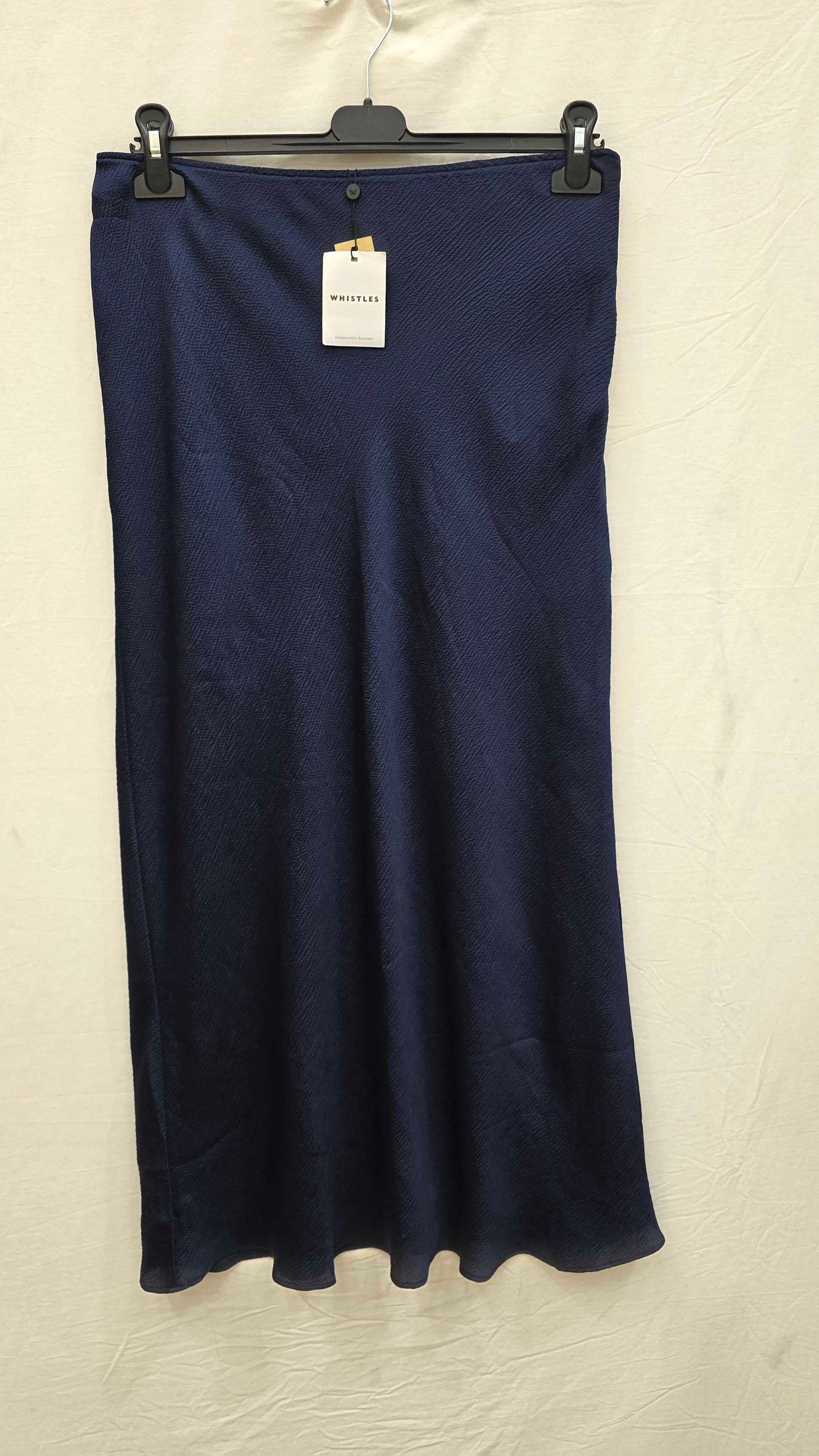 Whistles - Navy Satin Bias Cut Midi Skirt Size: Uk 14