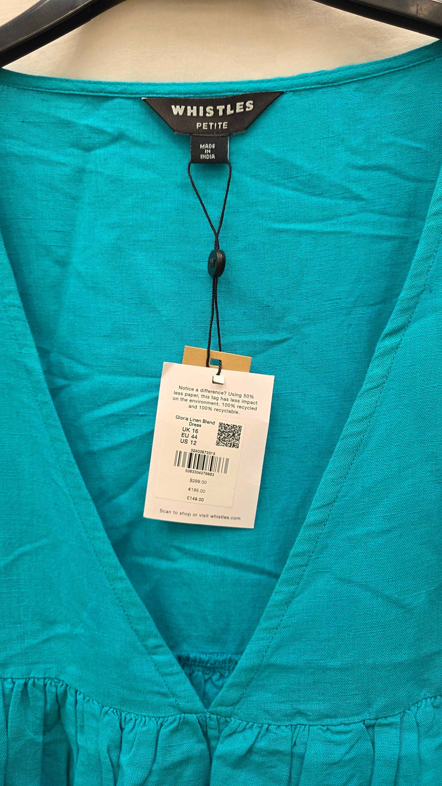 Whistles - Turquoise Gloria Linen Blend Dress Size: Uk 16