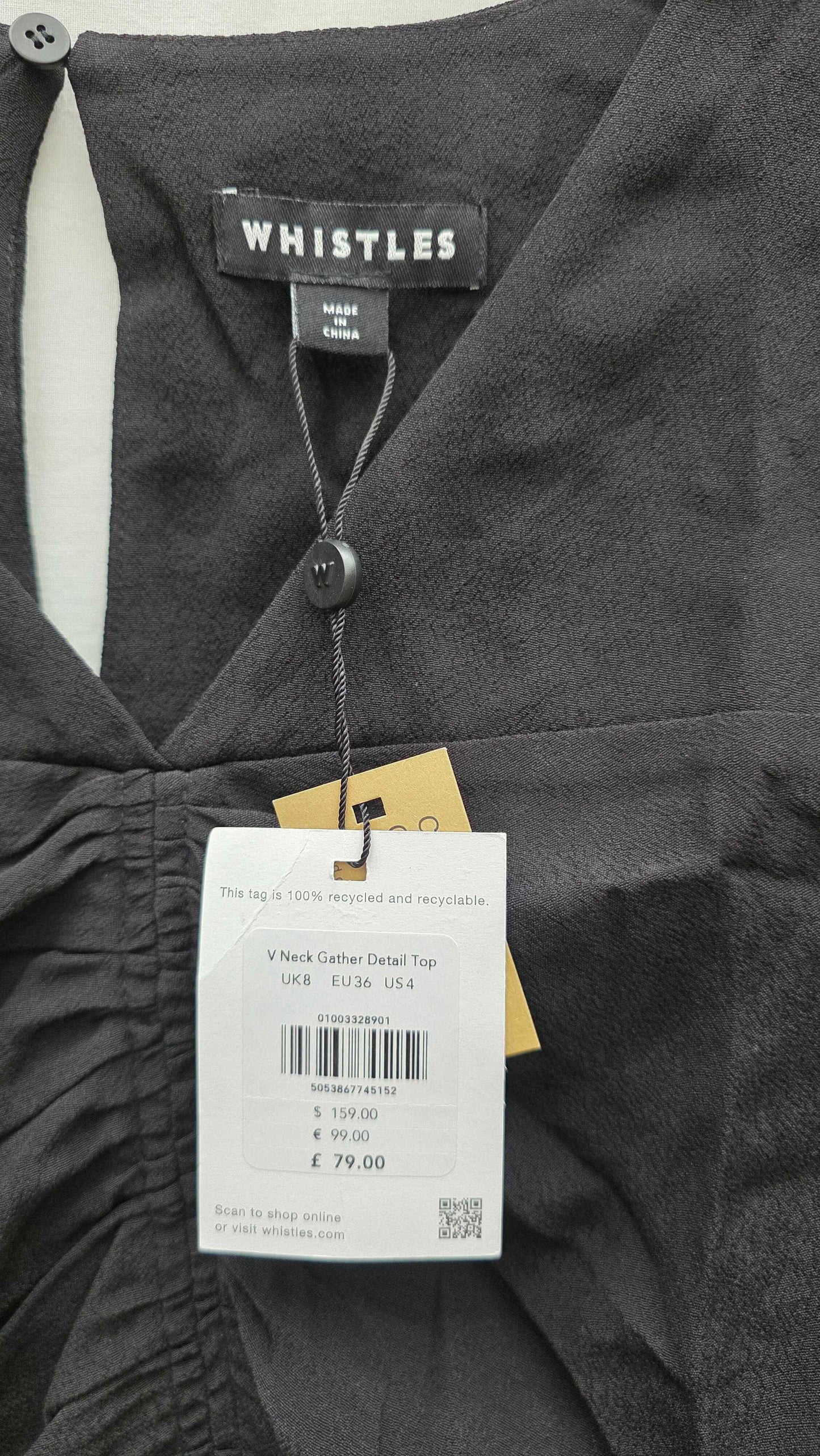 Whistles - Black V-neck Gather Detail Top Size: Uk 8