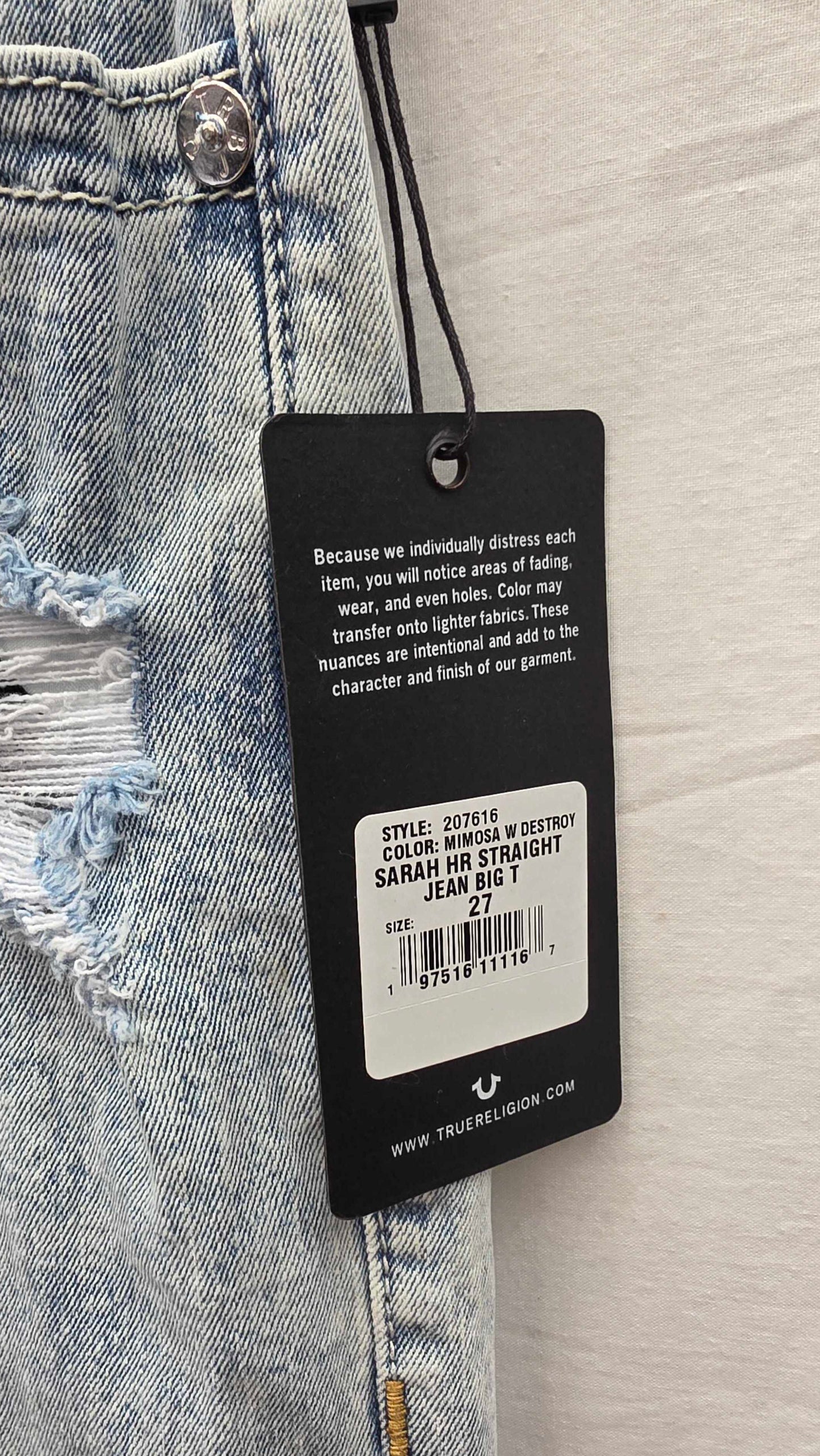 True Religion - Light Blue Sarah Straight Stretch Jeans Size: 27