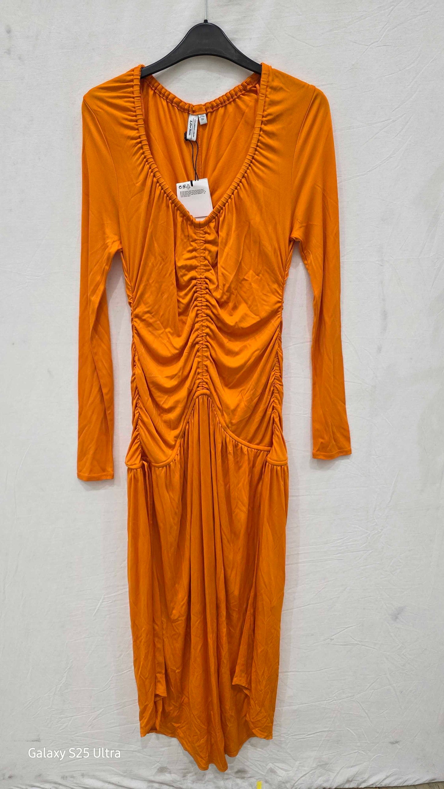 Orange Fitted Ruched Maxi Dress Size: Medium