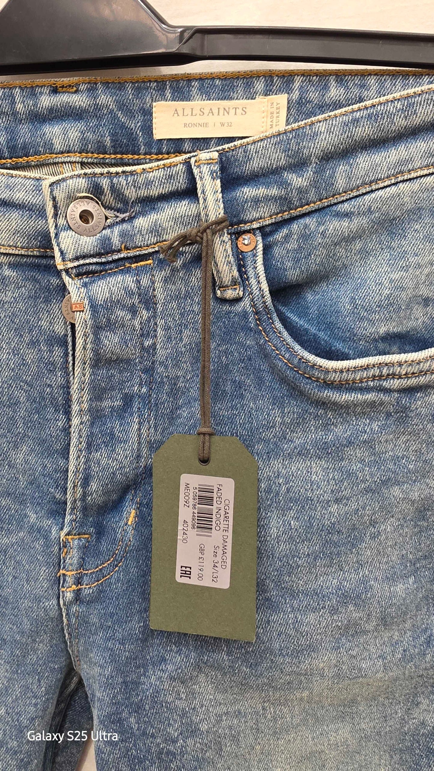 Allsaints Mid Blue Cigarette Skinny Stretch Jeans Size: 34X32
