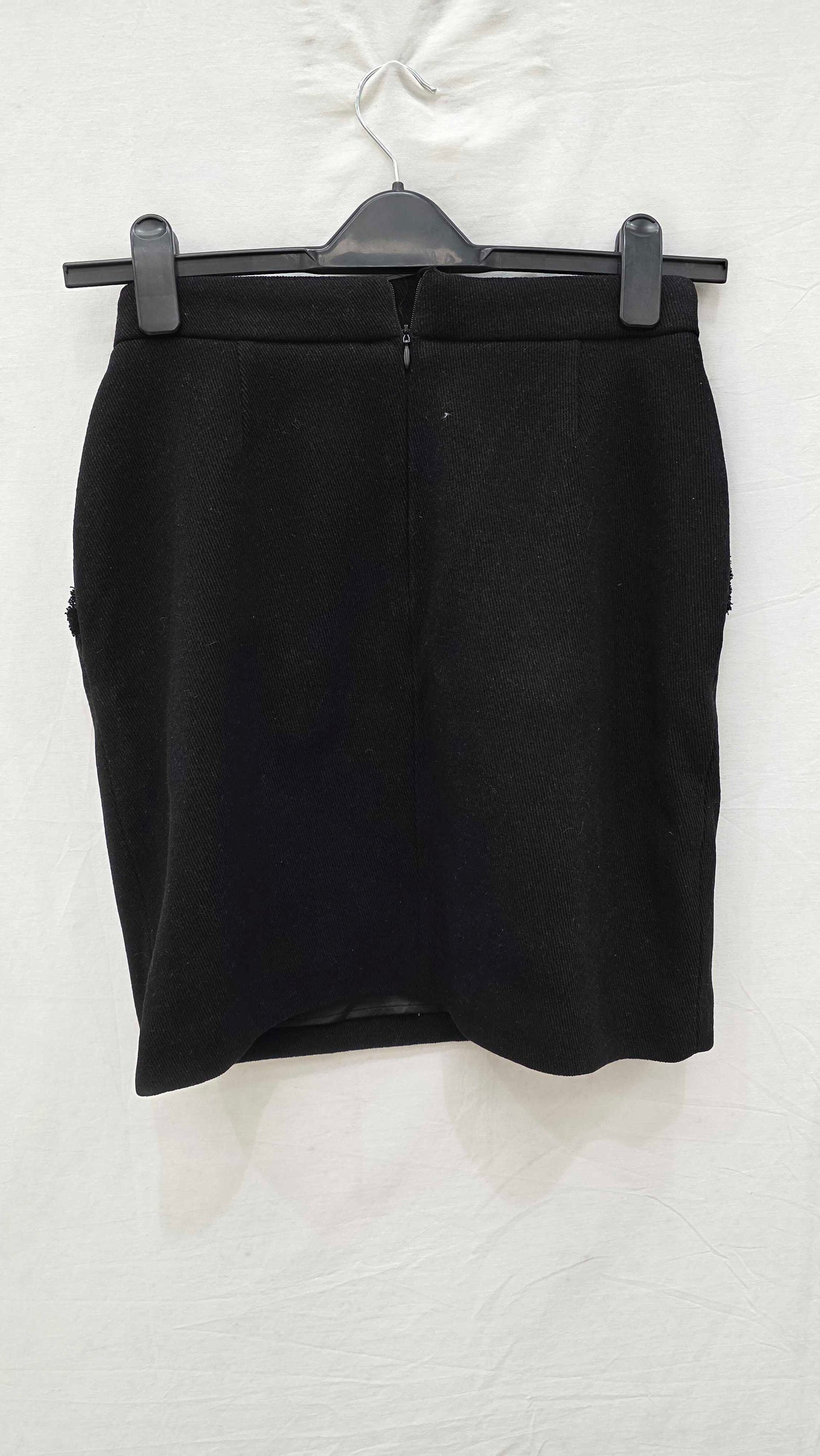 Mint Velvet Black Metallic Glitter Wool Blend Double Zip Biker Mini Skirt Size: Uk 10