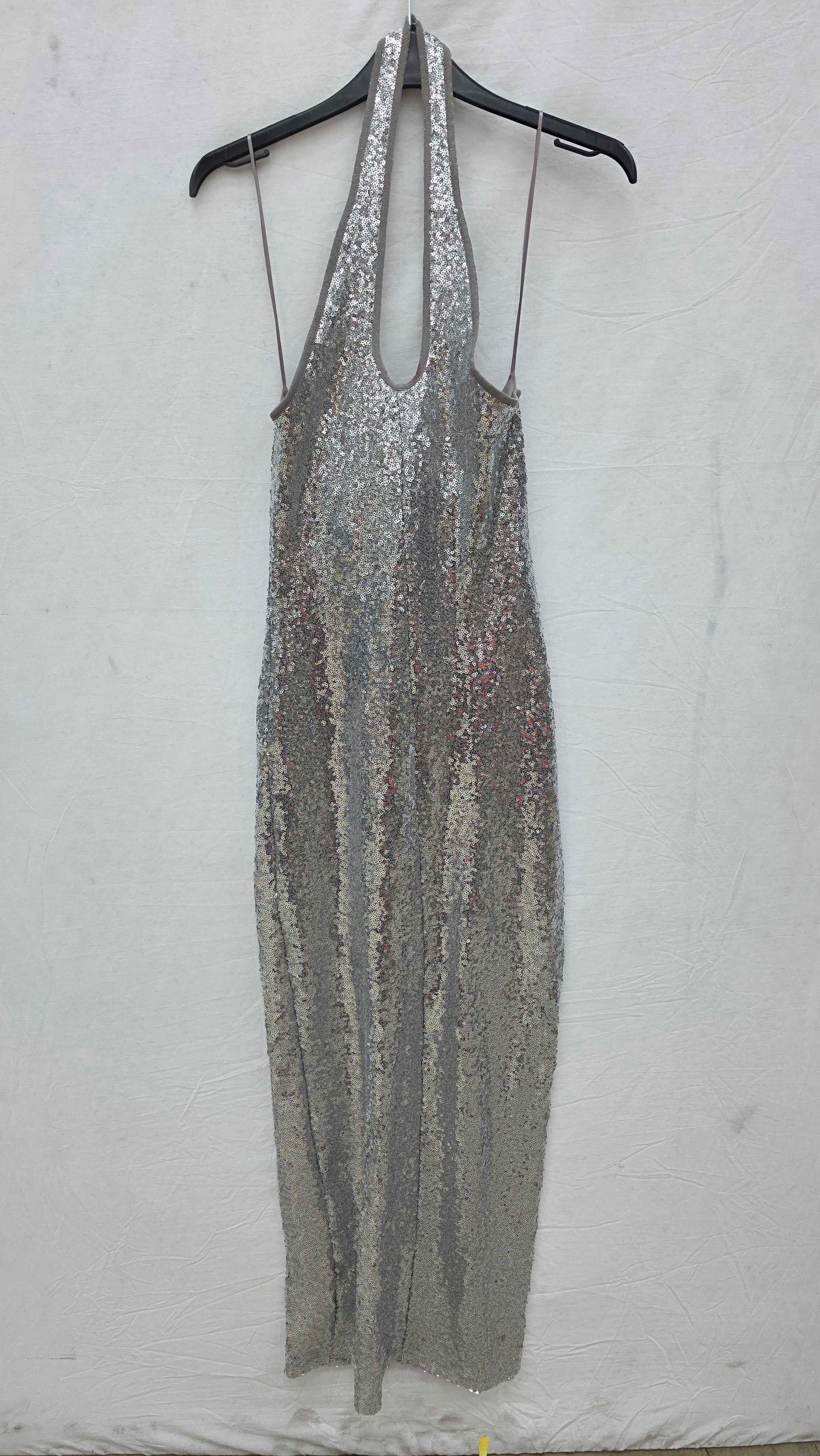 Mango - Silver Sequined Halter Neck Dress Size: Small