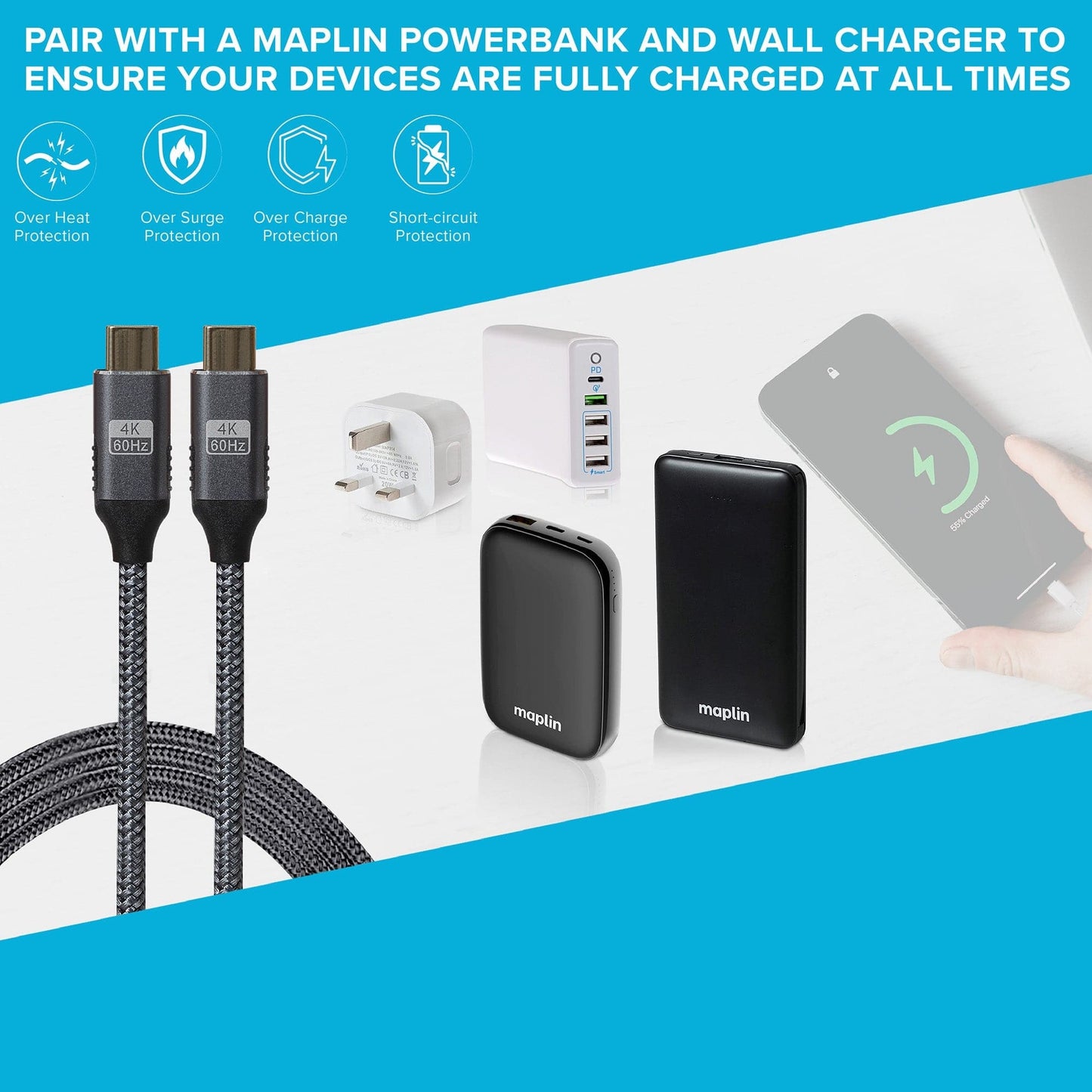 Maplin Pro USB-C to USB-C Gen2 100W 20Gbps Power Delivery Super Speed Data Transfer & Charging Braided Cable - Silver, 3m