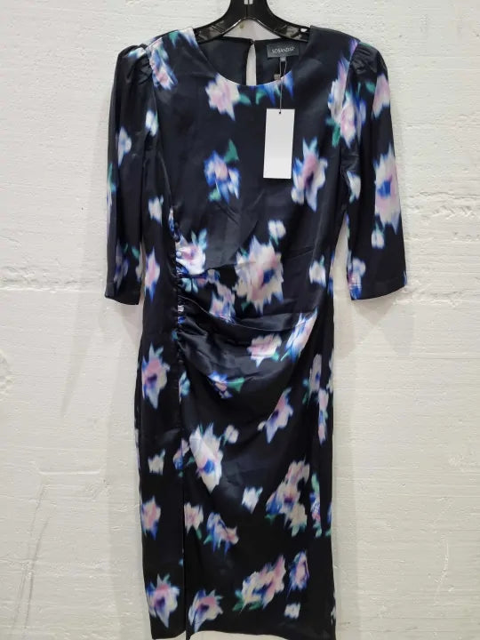 Blue Floral Print Ruched Side Satin Midi Dress Size: Uk 12
