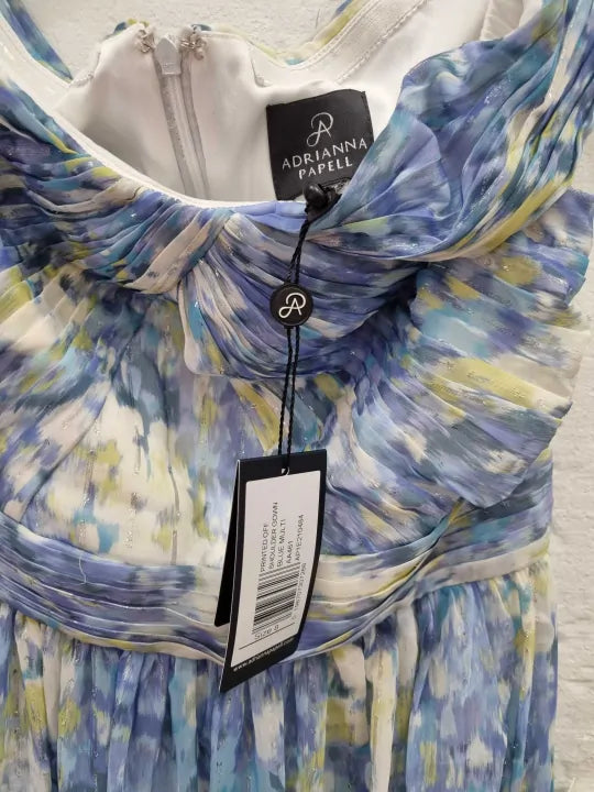 Adrianna Papell Off The Shoulder Chiffon Gown In Blue Multi Size: UK 8