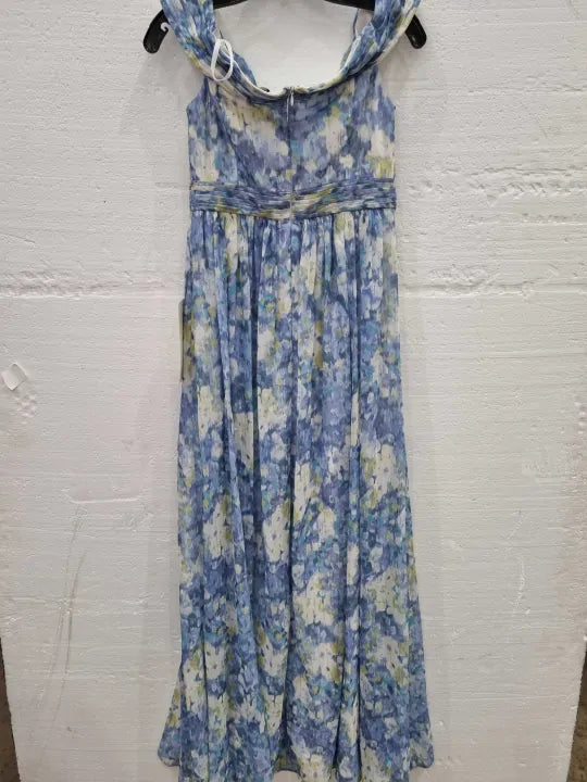 Adrianna Papell Off The Shoulder Chiffon Gown In Blue Multi Size: UK 8