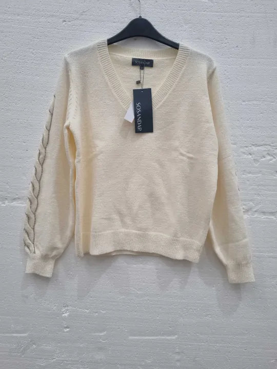 Sosandar Cream Embellished Cable Sleeve Jumper Size: Small
