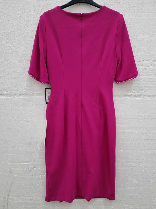 Adrianna Papell Pleated Imitation Pearl Trim Crepe Sheath Dress In Hot Orchid Size: UK 10