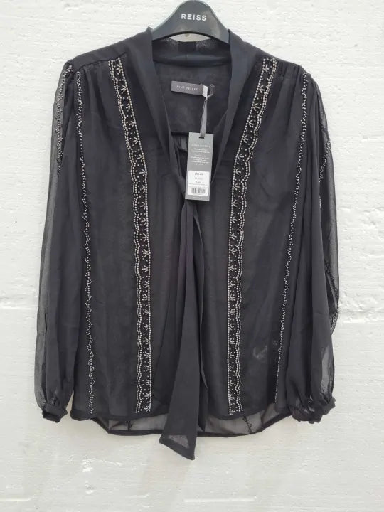 Mint Velvet Black Beaded Tie Neck Blouse Size: Xsmall