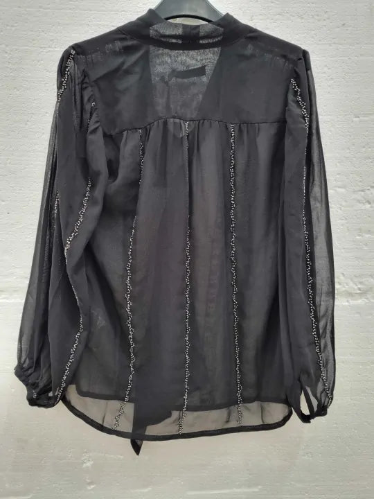 Mint Velvet Black Beaded Tie Neck Blouse Size: Xsmall
