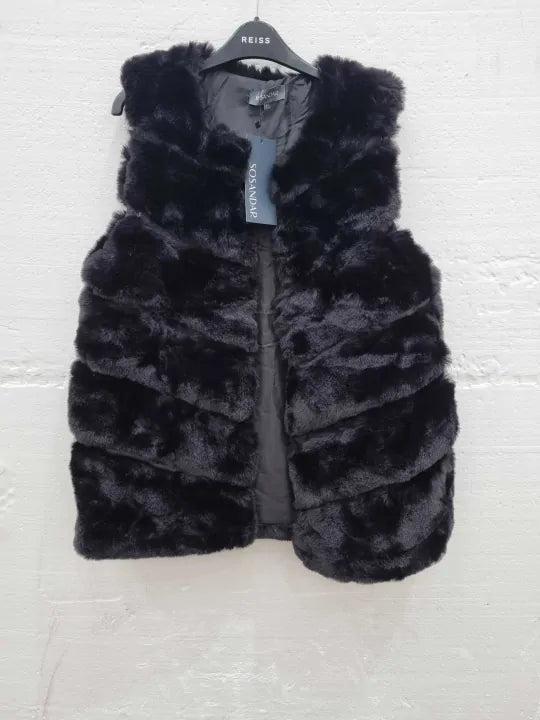 Sosandar-Black Luxe Faux Fur Gilet Size: UK 12