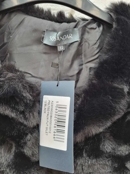 Sosandar-Black Luxe Faux Fur Gilet Size: UK 12