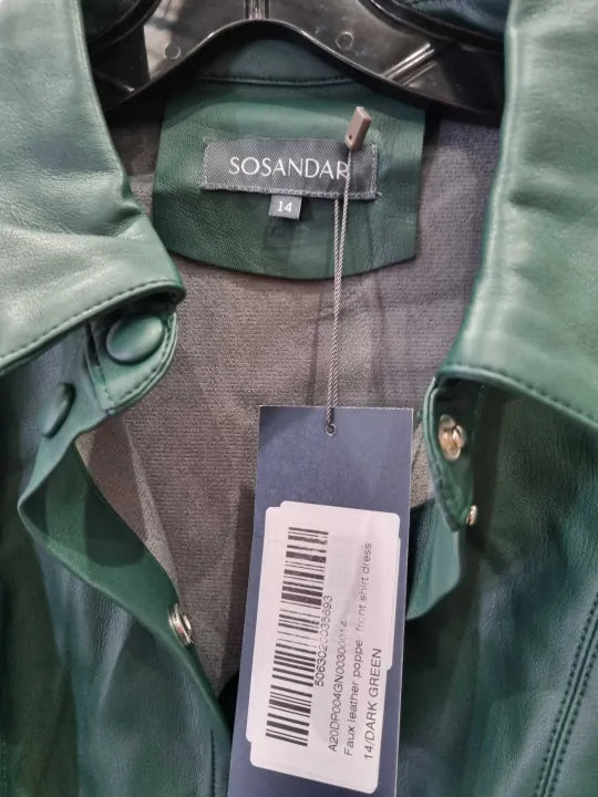 Sosandar Green Faux Leather Popper Front Shirt Dress Size: UK 14