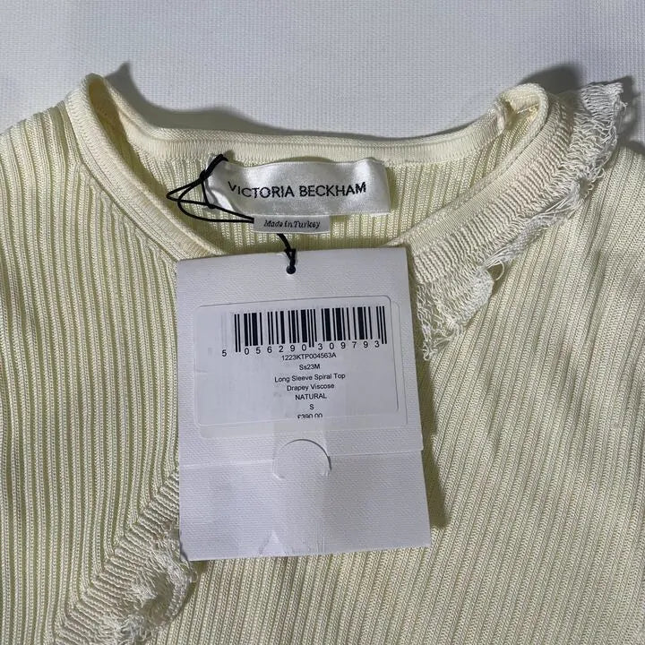 Victoria Beckham-1223Ktp004563A Natural-S-Brown-Cream Long Sleeve Cotton Blend Top Size: S