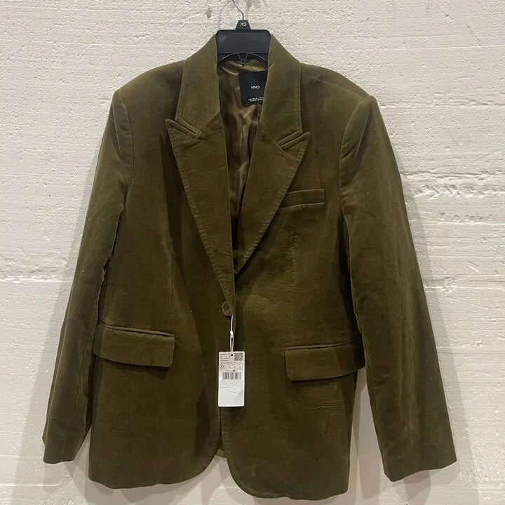 Mango-57037728-37-23-Green-Khaki Velvet Suit Jacket Size: Xl