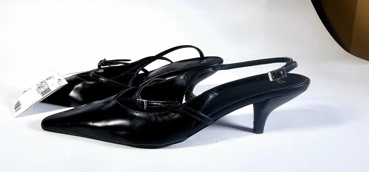 Mango-67024480-99-5-Black-Black Leather Slingback Kitten Heels-Black Size: Eu38/Uk 5