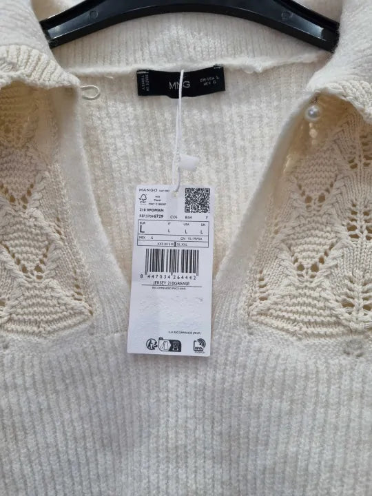 Mango Women's Cream And White Jumper Size: Large