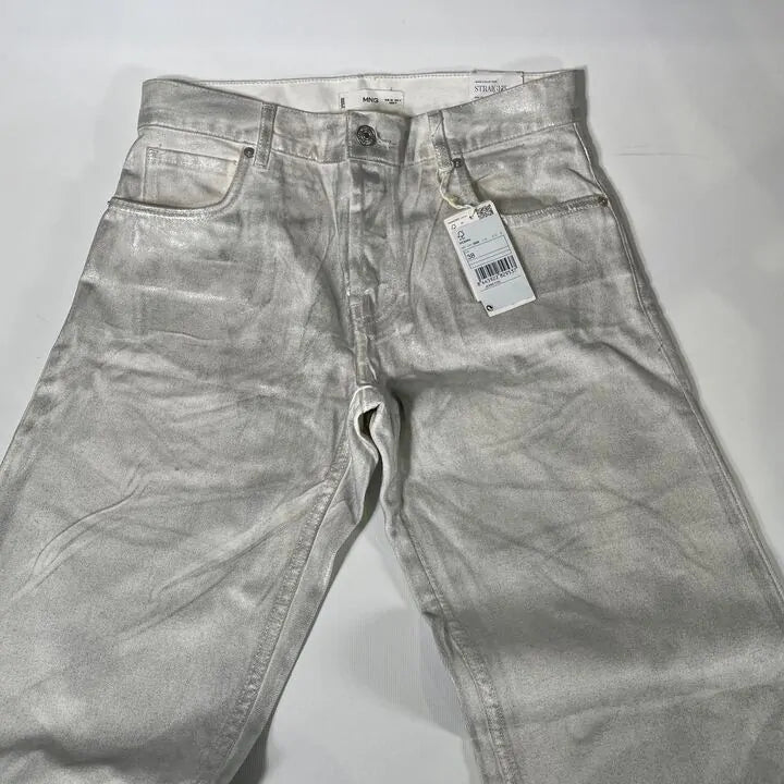Mango-57012899-Pl-10-Silver-Silver Metallic Straight-Leg Jeans Size: Uk 10