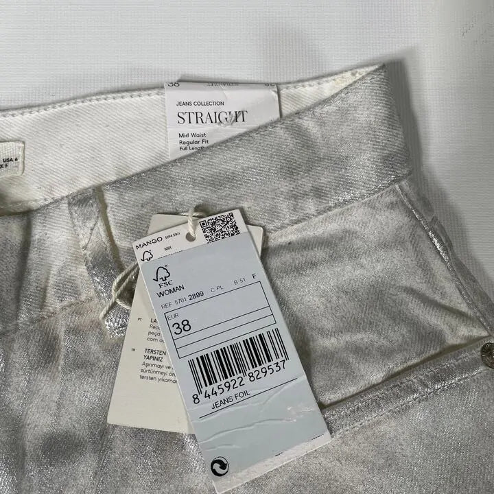 Mango-57012899-Pl-10-Silver-Silver Metallic Straight-Leg Jeans Size: Uk 10