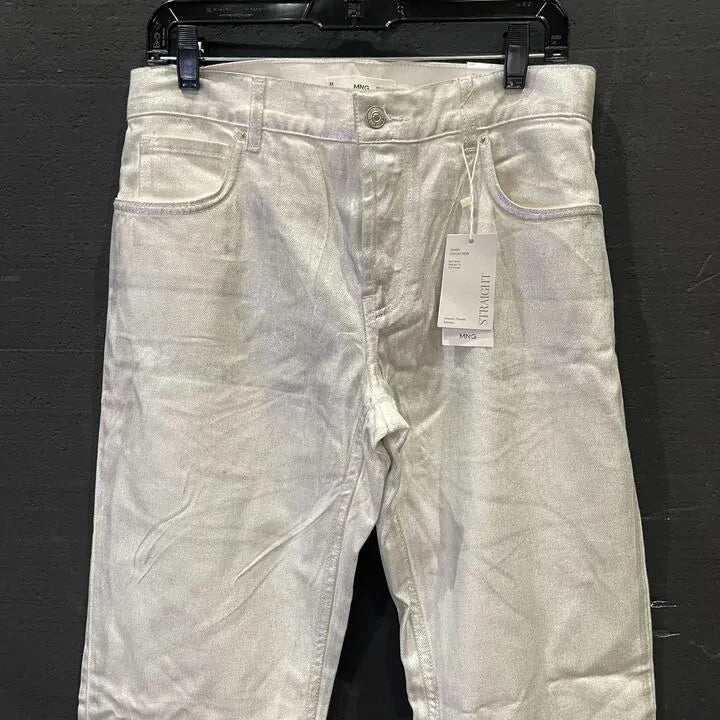 Mango-57012899-Pl-10-Silver-Silver Metallic Straight-Leg Jeans Size: Uk 10