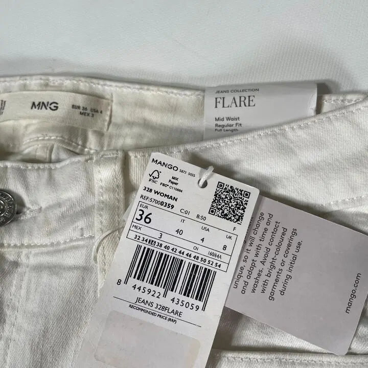 Mango-57000359-01-8-White-White Mid-Rise Flared Jeans Size: UK 8/EU 36