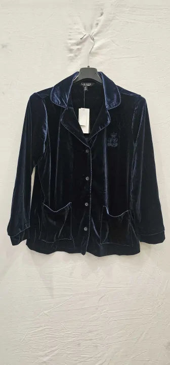 Navy Velvet Notch Collar Pajama Top-Navy Size: S