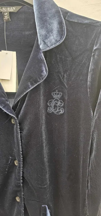Navy Velvet Notch Collar Pajama Top-Navy Size: S