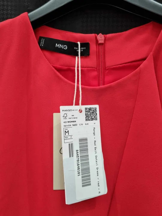 Mango - Red Belt Detail Dress - Red Size: M