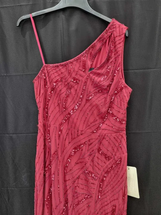 Adrianna Papell Dusty Red Beaded One Shoulder Dress Size: UK 16