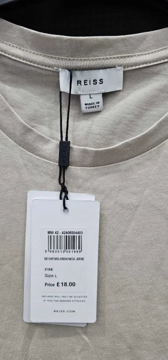 Reiss - Beige Oxford Crew Neck Cotton T-Shirt - Beige Size: L