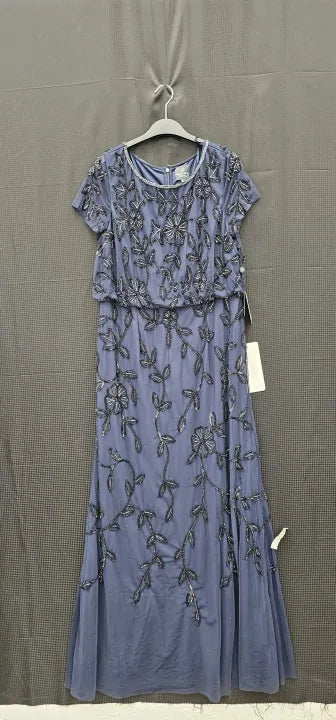 Adrianna Papell - Navy Blouson Beaded Long Dress - Navy , Black Beads Size: Uk16