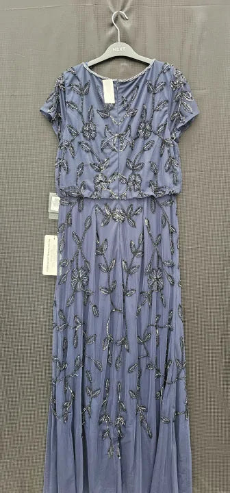 Adrianna Papell - Navy Blouson Beaded Long Dress - Navy , Black Beads Size: Uk16