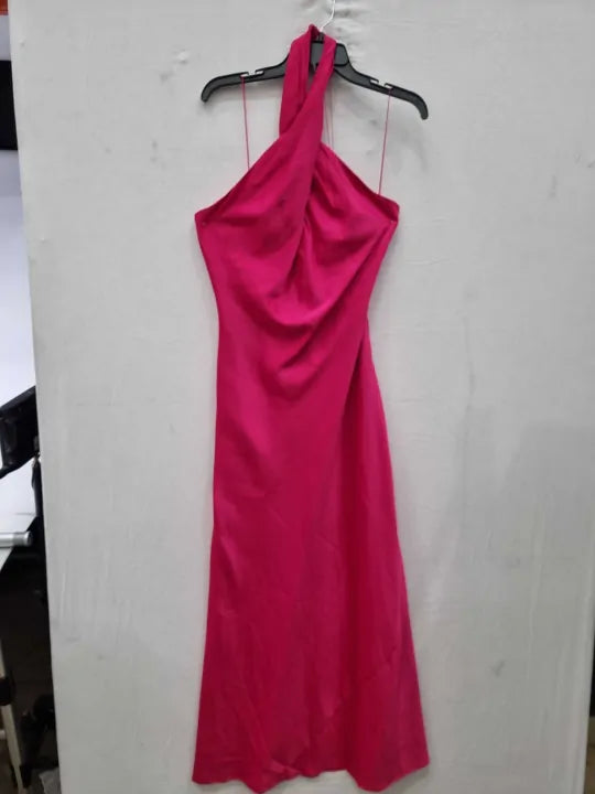 Adrianna Papell - Hot Pink Stretch Satin Halter Gown Size: Uk 12