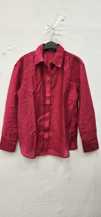 Mango - Fuschia Relaxed Collared Blouse - Red Size: Xs