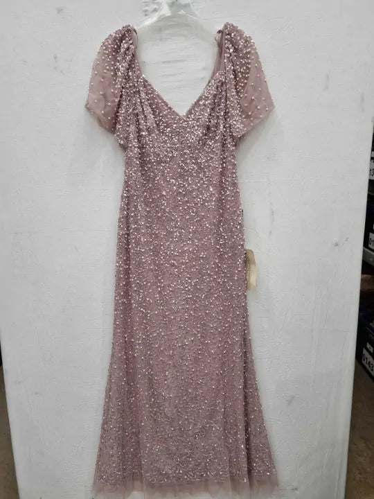 Adrianna Papell Pink Beaded Mesh Maxi Dress Size: UK 16