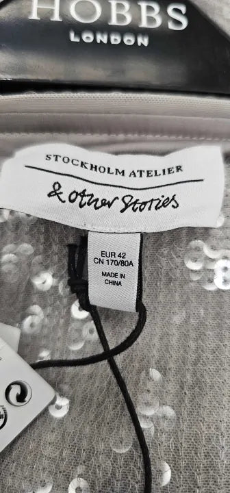 & Other Stories - Silver Sequin Midi Pencil Skirt - Grey Size: Uk14