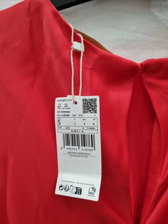 Mango - Fuschia Fluted Sleeve Satin Dress Size: Small