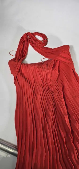 Reiss-29222963-10-Red-Red Roya Pleated Midi Dress-Red Size: UK 10