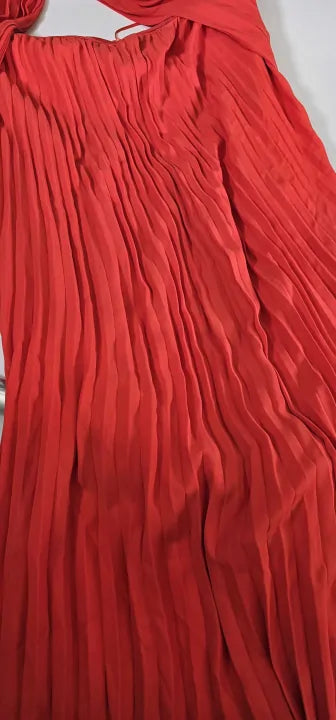 Reiss-29222963-10-Red-Red Roya Pleated Midi Dress-Red Size: UK 10