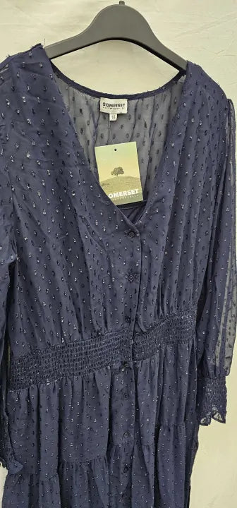 Somerset By Alice Temperley-W20436R1A-18-Blue-Navy Spot Button Front Maxi Dress-Blue Size: Uk18