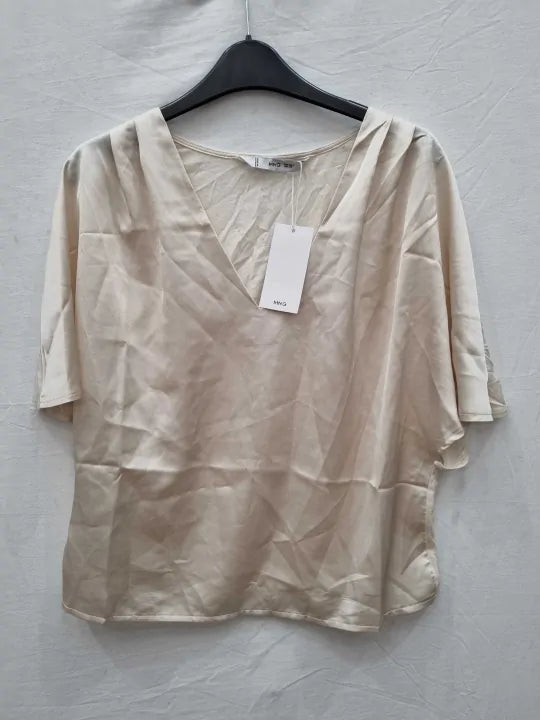 Mango Ivory Flutter V-Neck Blouse Size: Small