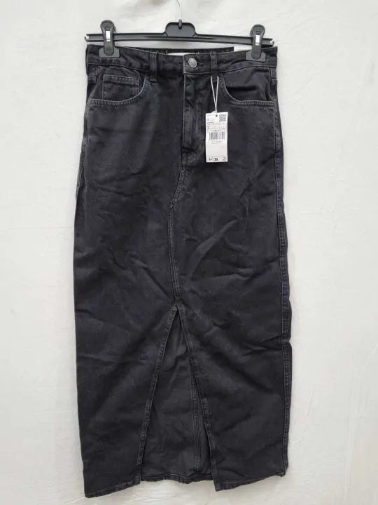 Mango Black Denim Split Denim Skirt Size: Small