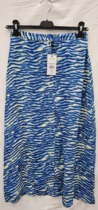Whistles - Blue Printed Button Front Mid Skirt - Blue / Yellow Size: Uk8